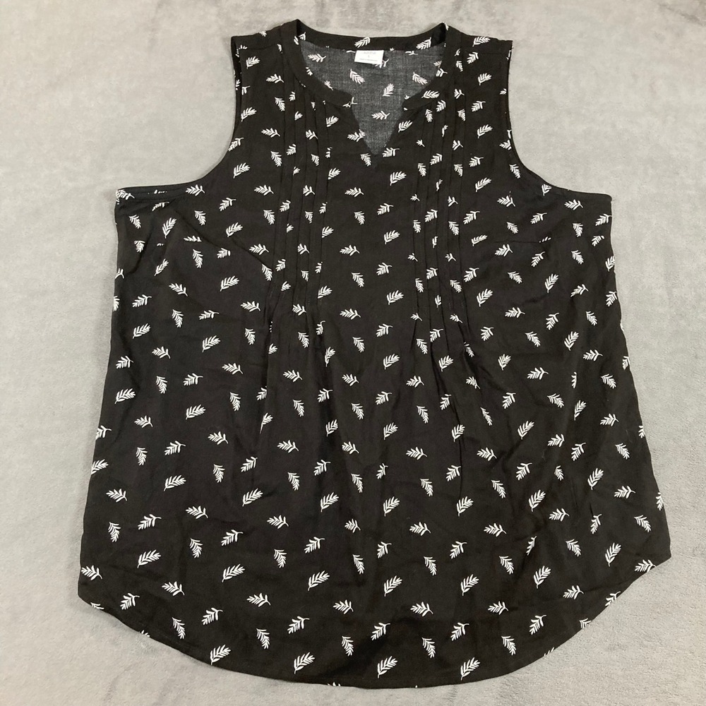 Croft & Barrow Black White Leaf Print Pintuck Sleeveless Blouse Top Large L